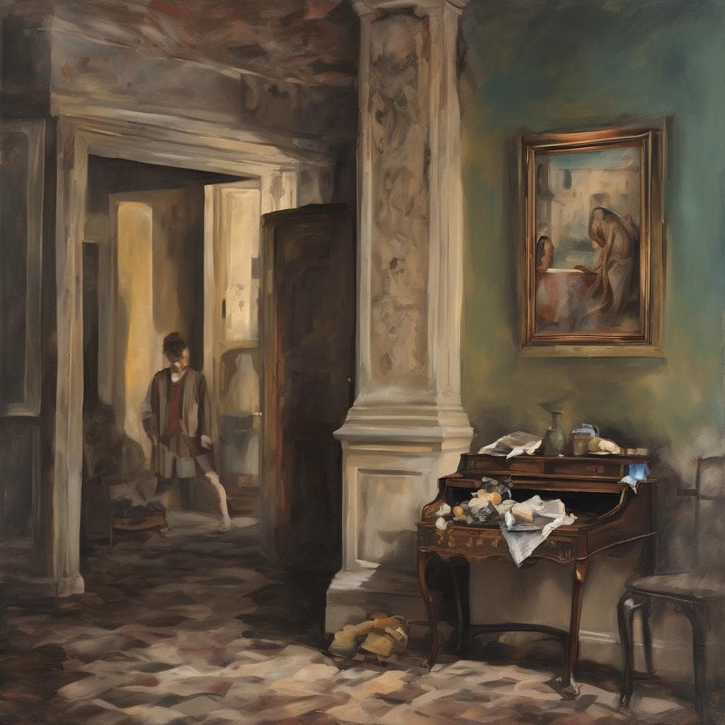 Οπτική τέχνη και εσωτερικός χώρος με παλιά επίπλωση και πίνακα ζωγραφικής, ανοιχτή πόρτα και φυσικό φως.