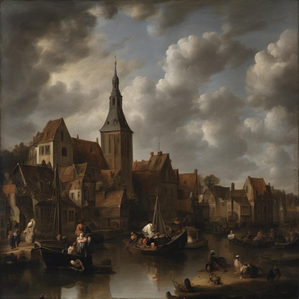 Ζωγραφική σκηνή με παραδοσιακό λιμάνι, πλοία και αρχαία κτίρια υπό δραματικό ουρανό, ενίσχυση της τέχνης και δημιουργικότητας.