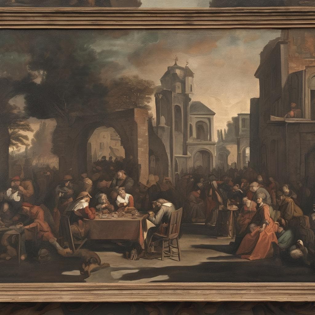 Ζωγραφικό έργο με κοινωνική σκηνή σε αρχαία πόλη, τέχνη και δημιουργία, ιστορίες και ανάλυση τέχνης.