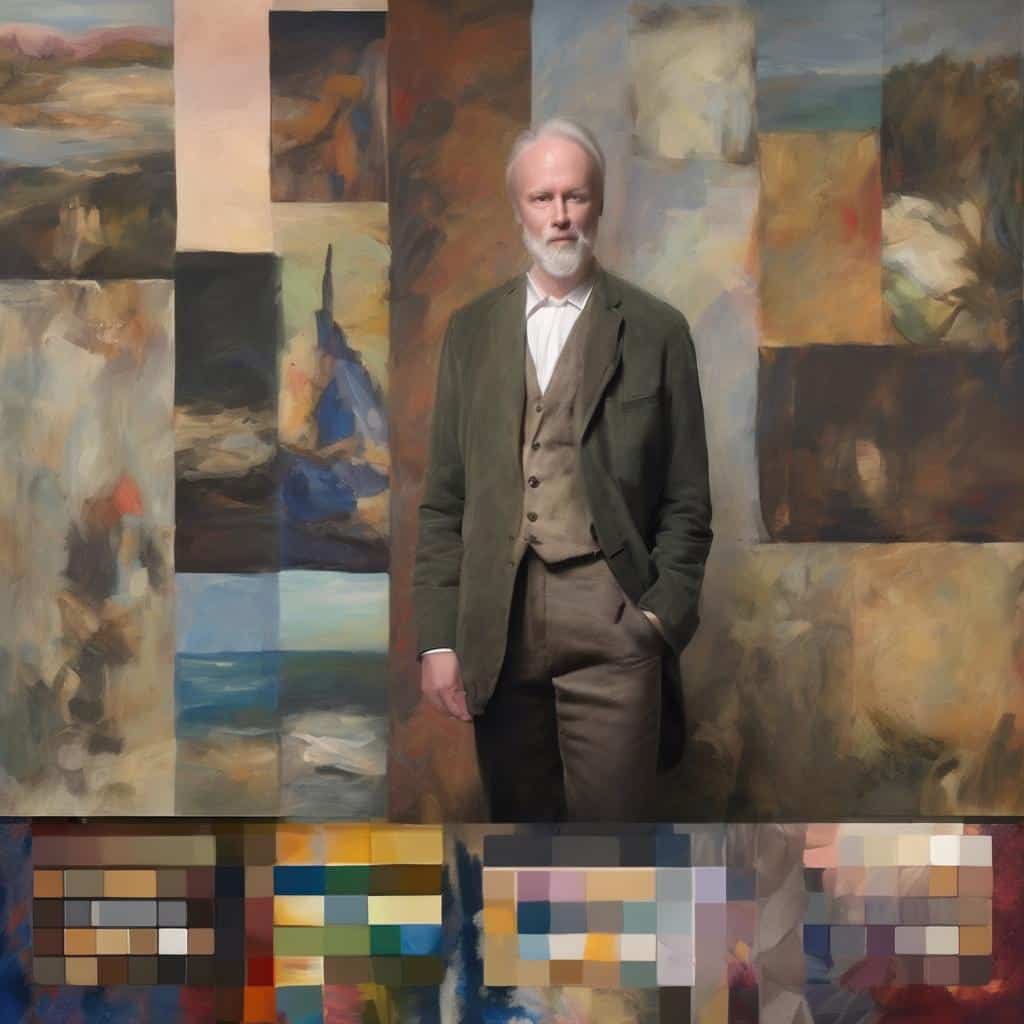 Ζωντανό πορτρέτο άνδρα σε έκθεση τέχνης, πίνακες ζωγραφικής με αφηρημένα μοτίβα και χρώματα.