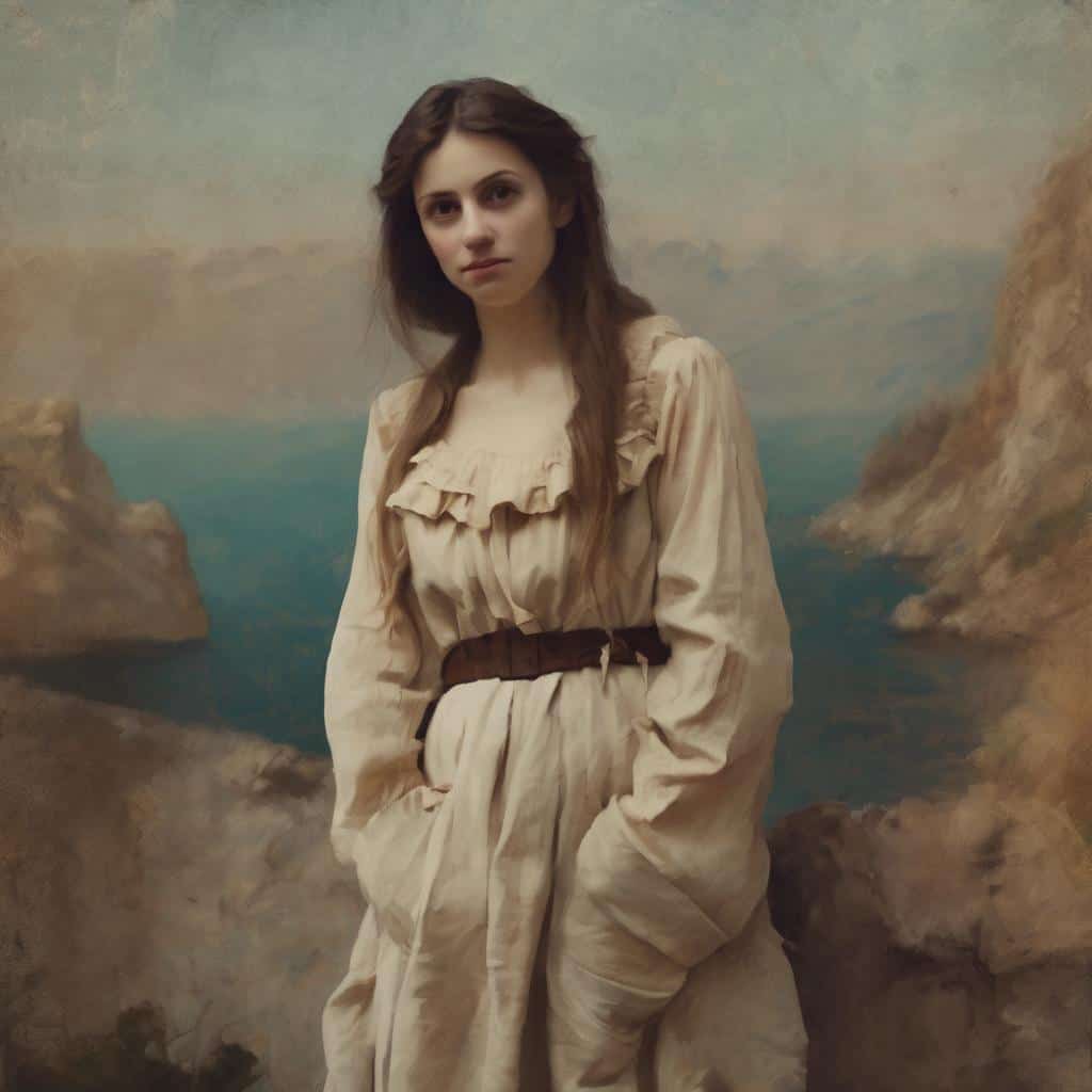 Αγία γυναίκα σε ιστορικό και καλλιτεχνικό φόντο, έμπνευση και τέχνη.